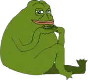 Groyper, a green cartoon frog depicted sitting, with his chin resting on interlocked fingers.