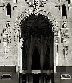 The sculptures of Safety and Security flank the main entrance