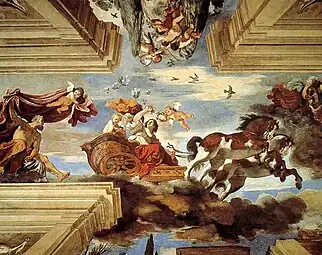 Aurora, (1621, ceiling fresco, tempera, 530 × 1030 cm, Villa Aurora, Rome, Italy) was painted for the pope's nephew, Cardinal Ludovico Ludovisi. The lively treatment of the Aurora myth challenges the more measured representation of the same subject painted by Guido Reni at Palazzo Rospigliosi on behalf of a Ludovisi family rival and makes a statement of political triumph.