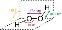 .mw-parser-output .template-chem2-su{display:inline-block;font-size:80%;line-height:1;vertical-align:-0.35em}.mw-parser-output .template-chem2-su>span{display:block;text-align:left}.mw-parser-output sub.template-chem2-sub{font-size:80%;vertical-align:-0.35em}.mw-parser-output sup.template-chem2-sup{font-size:80%;vertical-align:0.65em}O−O bond length = 147.4 pm .mw-parser-output .template-chem2-su{display:inline-block;font-size:80%;line-height:1;vertical-align:-0.35em}.mw-parser-output .template-chem2-su>span{display:block;text-align:left}.mw-parser-output sub.template-chem2-sub{font-size:80%;vertical-align:-0.35em}.mw-parser-output sup.template-chem2-sup{font-size:80%;vertical-align:0.65em}O−H bond length = 95.0 pm