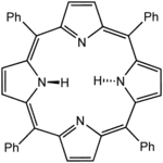 Tetraphenylporphyrin (H2TPP)is another synthetic analogue of protoporphyrin IX.  Unlike the natural porphyrin ligands, TPP2− is highly symmetrical. Another difference is that its methine centers are occupied by phenyl groups.