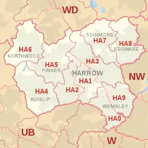 HA postcode area map, showing postcode districts, post towns and neighbouring postcode areas.