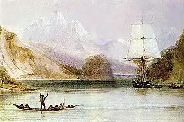 HMS Beagle being hailed by native Fuegians