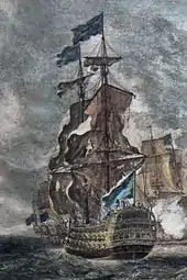 An oil painting of a large 18th-century warship