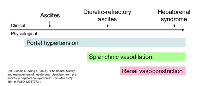 Diagram: ascites, diuretic-resistant ascites and hepatorenal syndrome are a spectrum of clinical features. Portal hypertension is associated with all three. Splanchnic vasodilation is associated with all but ascites. Kidney vasoconstriction is associated only with HRS.