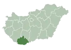 Map of Hungary highlighting Baranya County