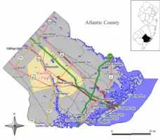 Location of Hamilton Township in Atlantic County highlighted in yellow (left). Inset map: Location of Atlantic County in New Jersey highlighted in black (right).