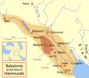 The extent of the Babylonian Empire at the start and end of Hammurabi's reign, located in what today is modern day Iraq and Iran