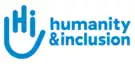 Handicap International's modern logo, with the words of the new name humanity & inclusion, the logo is a blue hand symbol with the word "Hi" in it.