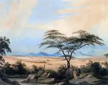 A peaceful pre-colonial southern African scene. Beneath a blue sky, a large kraal is seen from afar, with black figures dotted around it.