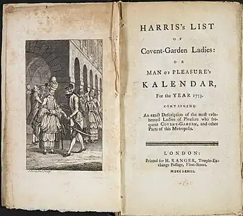 Two pages from the book: on the left an engraving showing a man talking to a prostitute; on the right, the title details