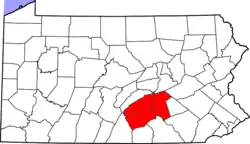 The Harrisburg–Carlisle MSA in Pennsylvania is highlighted in red.