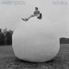 Harry, wearing stripes, sits legs spread atop a large white ball in a field.