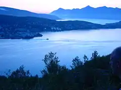 Northern part of Harstad at night, early August. View towards north-west from Gangsåstoppen