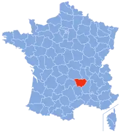 In red, the modern territory of Haute-Loire (most of it was former Velay) within France