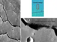 Hebrus Valles, as seen from Themis. Since discontinuous pits and troughs are present, collapse of material into a void may have caused the troughs.