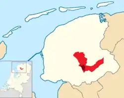 Highlighted position of Heerenveen in a map of Friesland