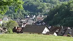 Partial view of Heigenbrücken from the north, old village center with church