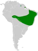 Map of South America showing the range of the species