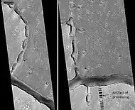 Hephaestus Fossae: two views, as seen by HiRISE.  Picture on right lies to the top (north) of other picture.  Fossa (geology) often form by material moving into an underground void.  Image located in Cebrenia quadrangle.