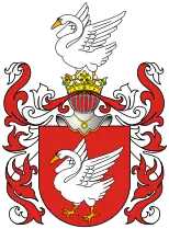 "Łabędź" (Polish for "Swan") is a Polish–Lithuanian coat of arms which was used by many Polish szlachta and Lithuanian Bajorai (noble) families under the Polish–Lithuanian Commonwealth. The variant here given is the coat-of-arms of writer Henryk Sienkiewicz's family.