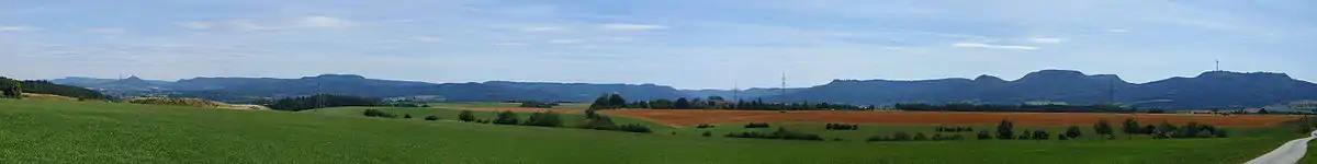 View of the Albtrauf. From left to right: Farrenberg, Hohenzollern Castle Meßstetten and Plettenberg.