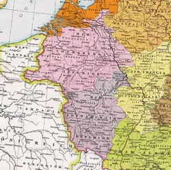 Pink: Lower (Northern) Lotharingia in 977 
Orange: Friesland