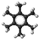 Ball-and-stick model of the hexamethylbenzene molecule