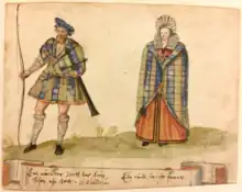 A man in belted plaid, blue bonnet, and diced hose, with longbow and sword; woman in plaid as a cloak, over a reddish-orange dress, with a lace collar and lace head covering.