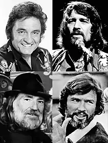 Clockwise from top left: Johnny Cash (1977), Waylon Jennings (1976),  Willie Nelson (1985), Kris Kristofferson (1978)