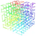 A 3-D Hilbert curve with color showing progression