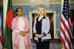 Education Minister of Bangladesh Dr.Dipu Moni wearing sari with Hillary Clinton