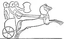 A line drawing of a two-wheeled chariot drawn by two horses, with three men in the chariot. One of the men is holding a shield.