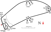 A track map of the Hockenheimring circuit. The track has 16 corners, which range in sharpness from hairpins to chicanes. There are four long straights that link the corners together. The pit lane splits off from the track on the inside of Turn 15, and rejoins the track after the exit of Turn One.