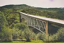 A steel bridge with a slight arch, carrying a two-lane road across a gorge that cuts between grasslands with small trees.