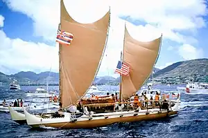 Hokule'a, a fibreglass replica of a Hawaiian catamaran waʻa kaulua, with curved-spar, curved-leech crab claw sails