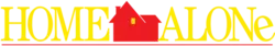 Yellow writing on a white background with a silhouette of a red house between the words "HOME" and "ALONe"