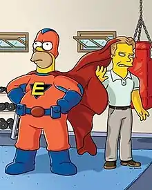 A fat cartoon character stands in a red superhero uniform with a cape, striking a heroic pose. Behind him is a fit, well dressed cartoon character looking annoyed. The backdrop is of a weight room with open small windows.