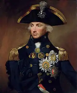 Horatio Nelson with his bicorn hat (complete with jewelled Chelengk decoration) in 1799.