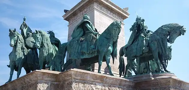 Left side view of some of the statues of the Seven chieftains of the Magyars