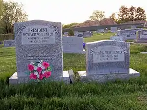 Grave marker of Howard W. Hunter and his wife Clara Jeffs Hunter.