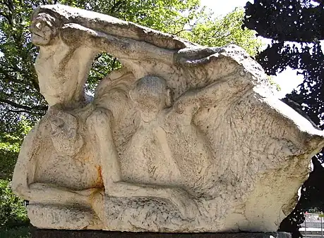 Detail of the memorial against the war (1985/86) by Alfred Hrdlicka, a counter-monument to the Memorial of the Reserve-Infanterie-Regiment Nr. 76 (1936) by Richard Kuöhl in Hamburg