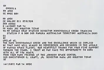 Copy of telex sent to Director of Honeysuckle Creek tracking station