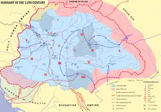 A map depicting Hungary, surrounded by sparsely inhabited lands