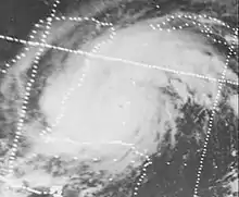 Black-and-white image of Hurricane Carmen near the Yucatán Peninsula