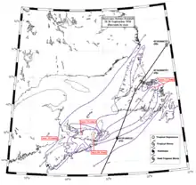 Contour map of rainfall overlaid on a white, outlined map. The contours are unfilled and are lined in purple. The track of the storm producing the rainfall is shown in black, and red markers denote peak rainfall measurements in various places.