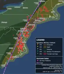 Map showing tornado locations and warning areas