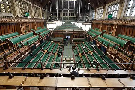 The green benches in the House of Commons of the United Kingdom