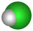 Space-filling model of hydrogen chloride with atom symbols