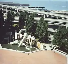 Aerial photo of Vaillancourt Fountain